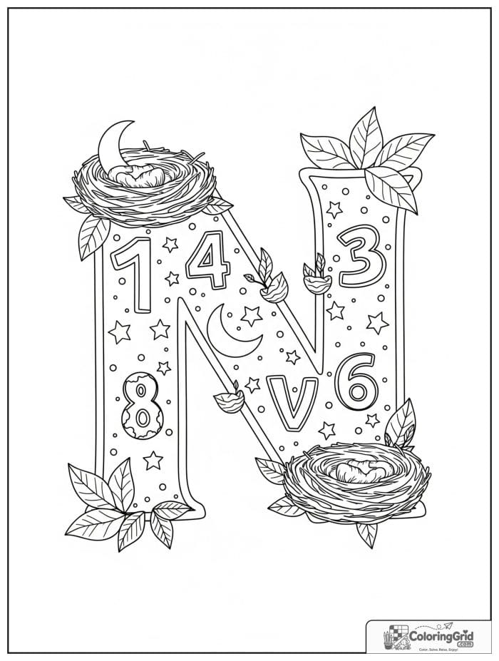 Letter N alphabet coloring page with nests numbers and night stars