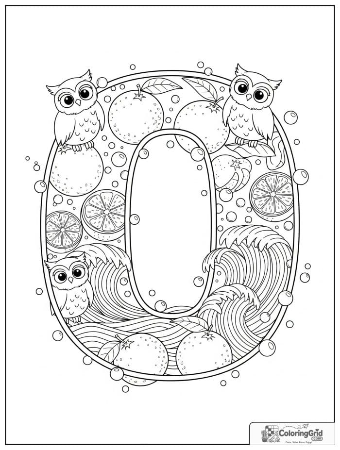 Letter O alphabet coloring page with owls oranges and ocean waves