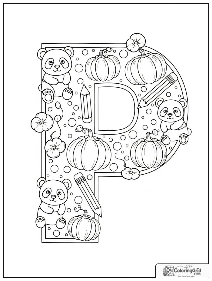 Letter P alphabet coloring page with pandas pumpkins and pencils