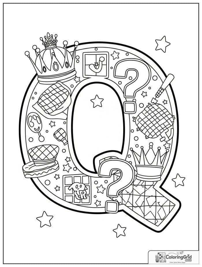 Letter Q alphabet coloring page with queens quilts and question marks
