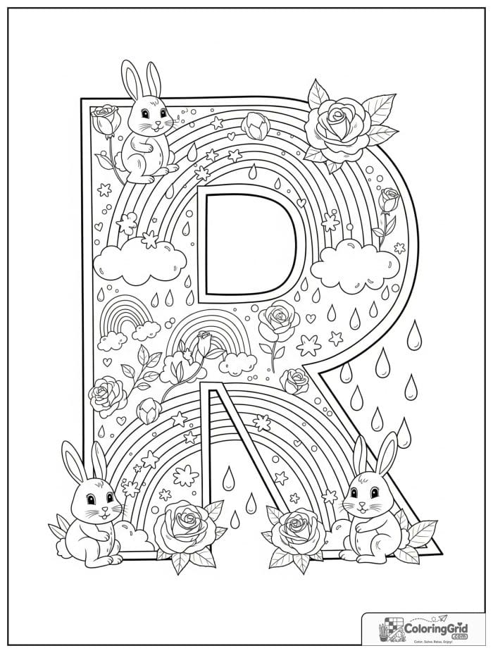 Letter R alphabet coloring page with rainbows rabbits and roses