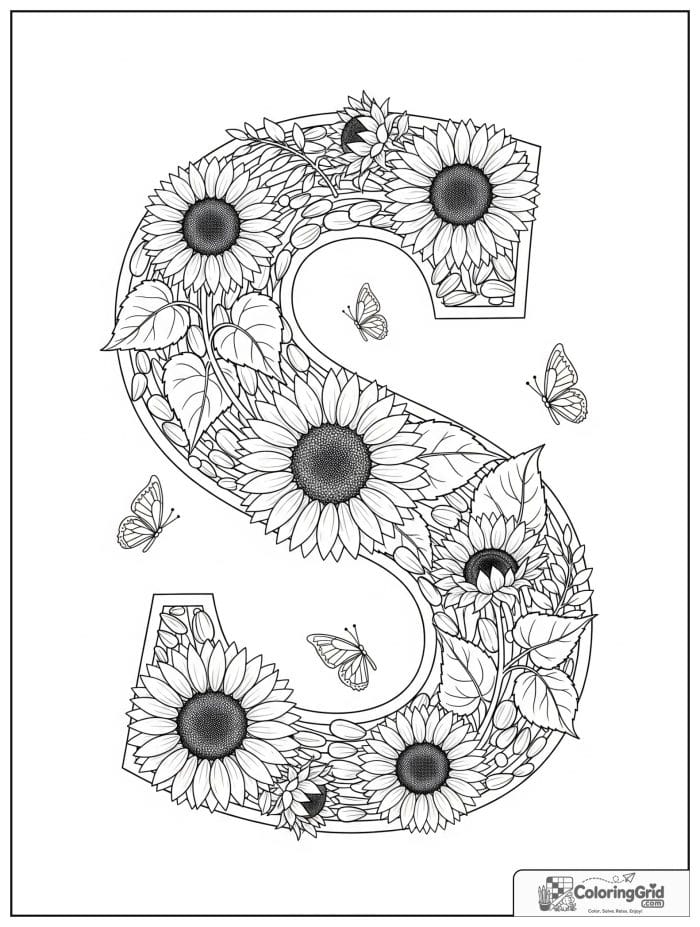 Letter S decorated with sunflower petals coloring page