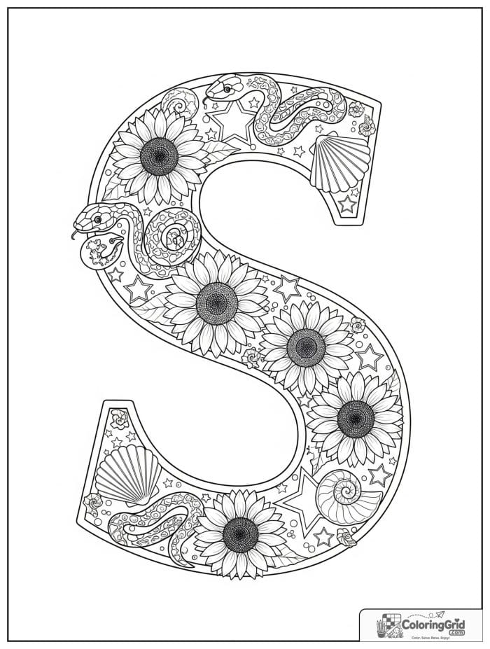 Letter S alphabet coloring page with sunflowers snakes and stars