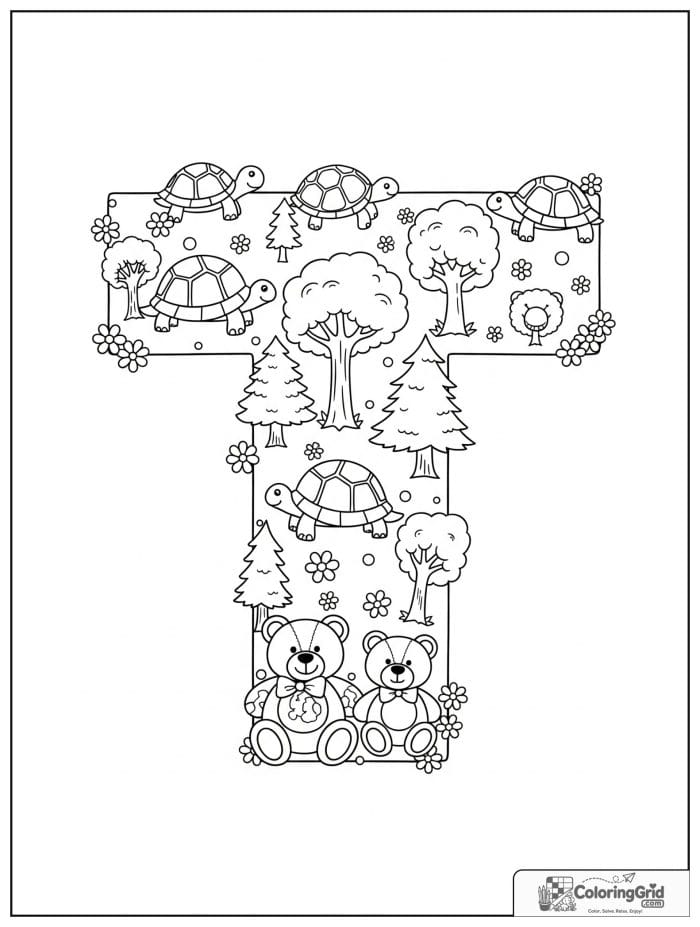 Letter T alphabet coloring page with trees turtles and teddy bears