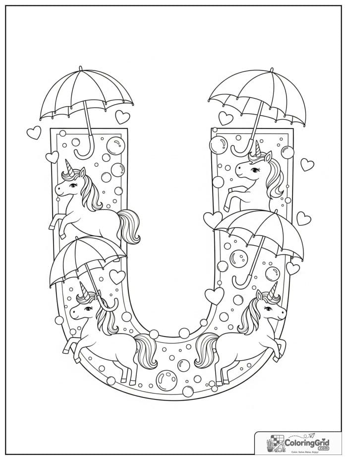 Letter U alphabet coloring page with umbrellas unicorns and bubbles