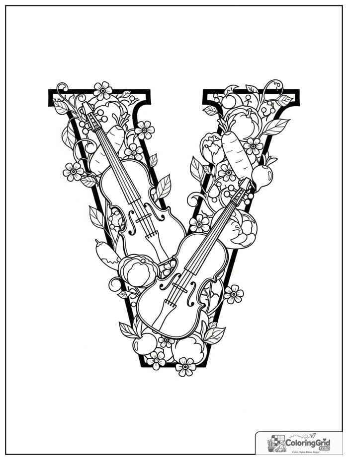 Letter V alphabet coloring page with violins vegetables and vines