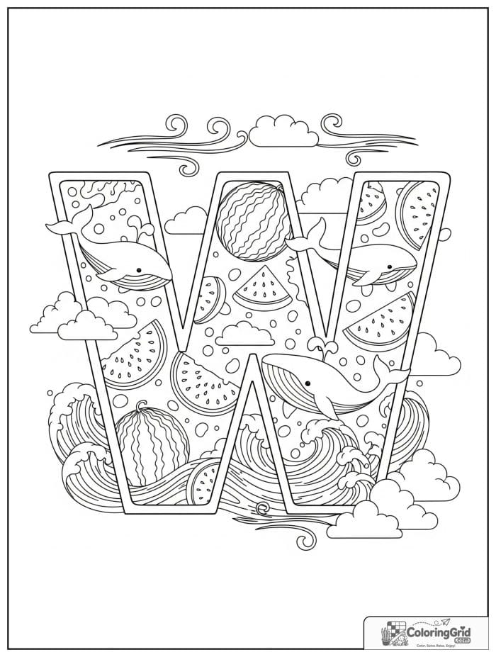 Letter W alphabet coloring page with whales watermelons and waves