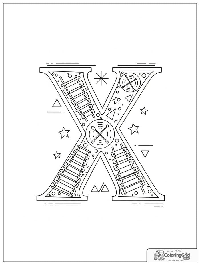 Letter X alphabet coloring page with xylophone x-ray shapes and stars