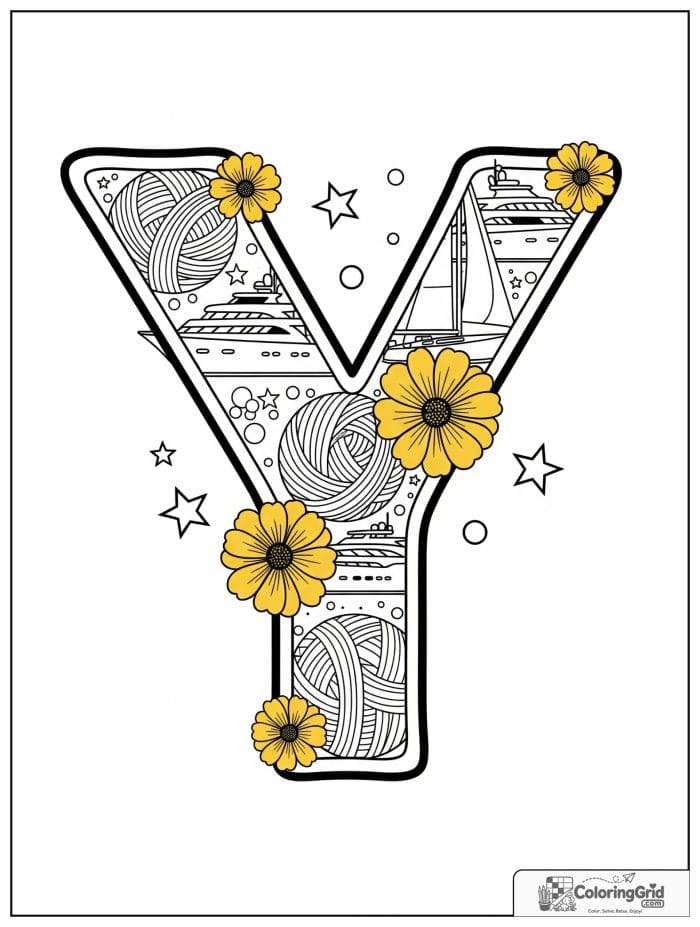 Letter Y alphabet coloring page with yarn balls yachts and flowers