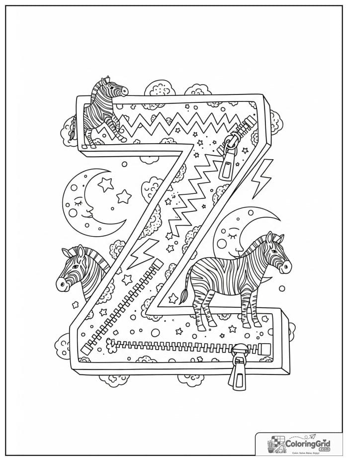 Letter Z alphabet coloring page with zebras zigzags and zippers