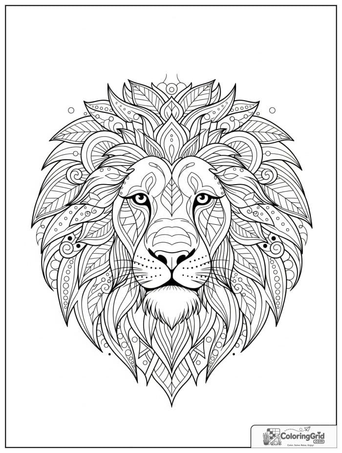 Lion animal mandala coloring page with layered mane patterns
