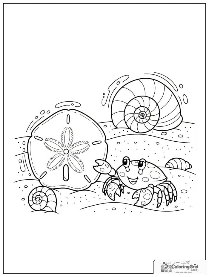 A little crab explores near a large sand dollar with spiral shells and soft sand ridges on the beach.