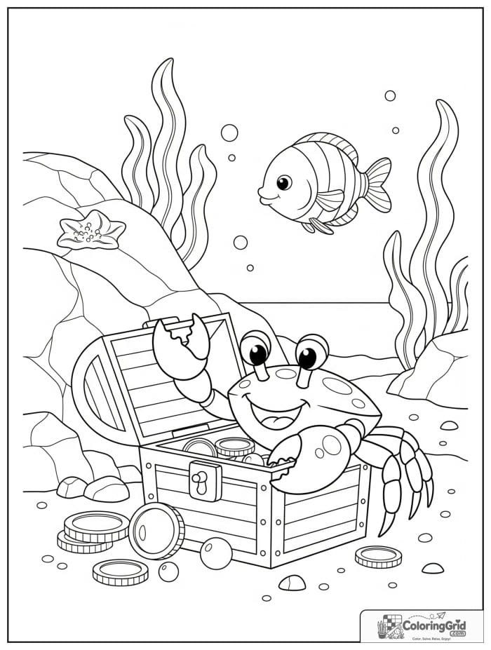 A little crab finds a treasure chest in a rocky cove with coins, pearls, seaweed, and a fish.