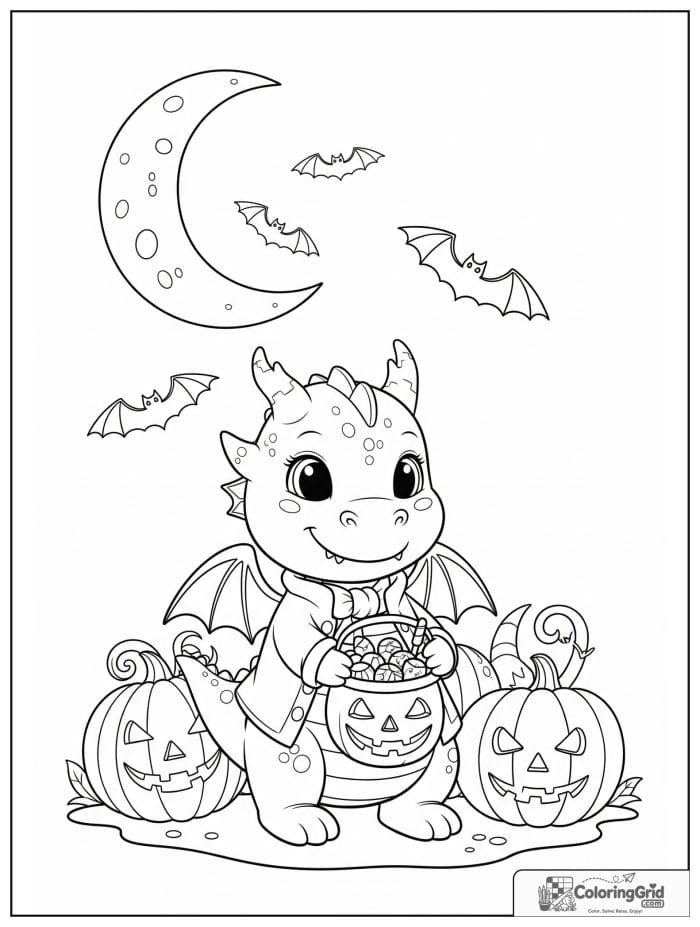 Little dragon holding candy bucket Halloween coloring page