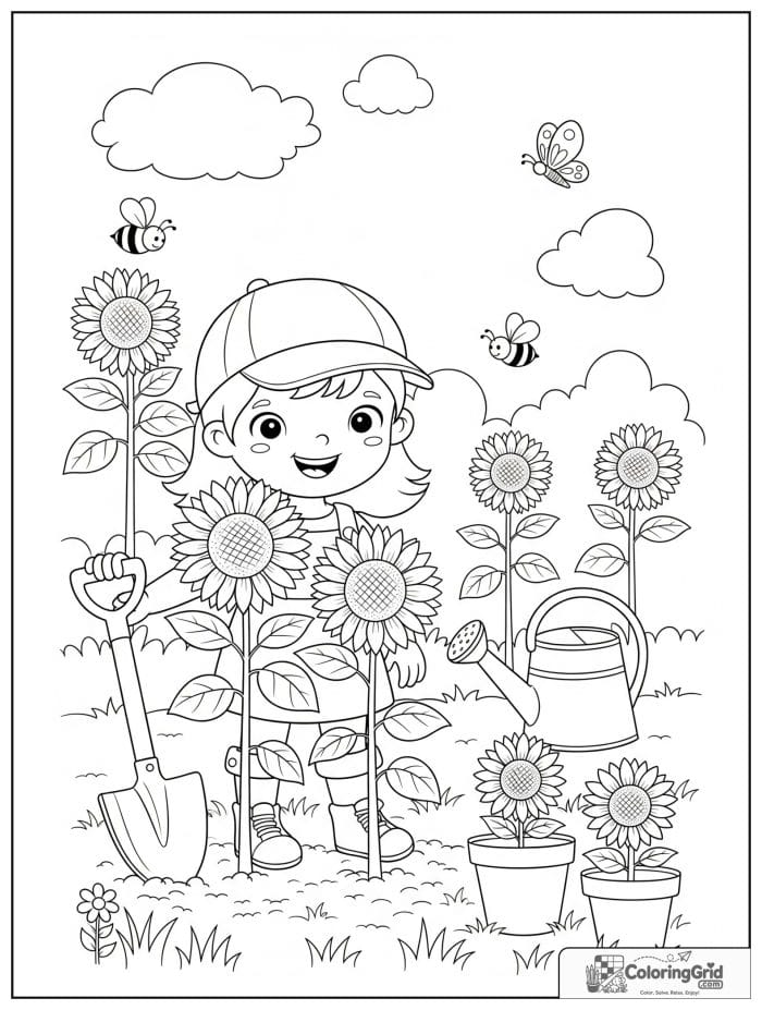 Little girl planting sunflowers in garden coloring page