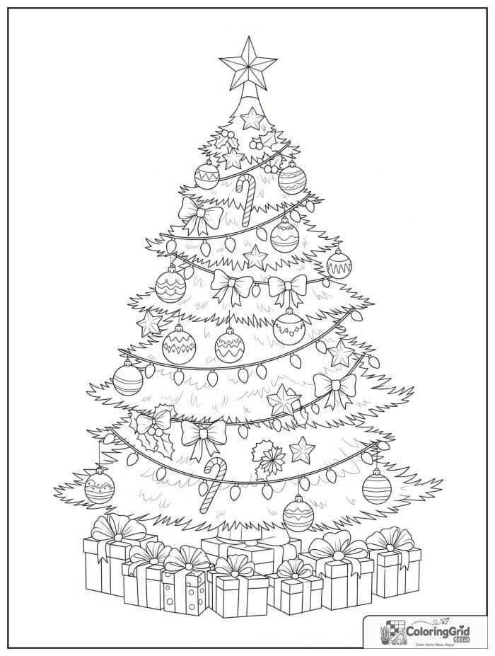Magical Christmas tree with presents coloring page