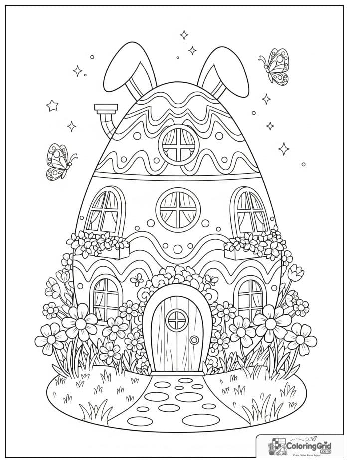 Magical Easter bunny house shaped like an egg coloring page