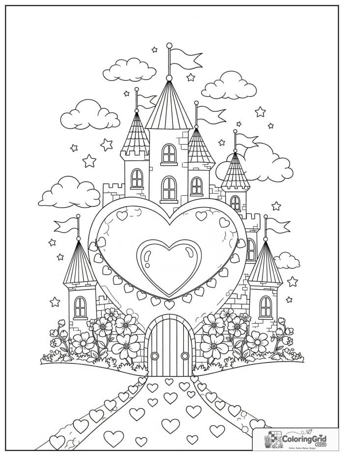 Magical heart castle Valentine's Day coloring page