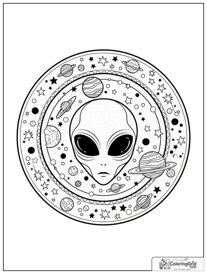 Mandala alien face black and white artwork.