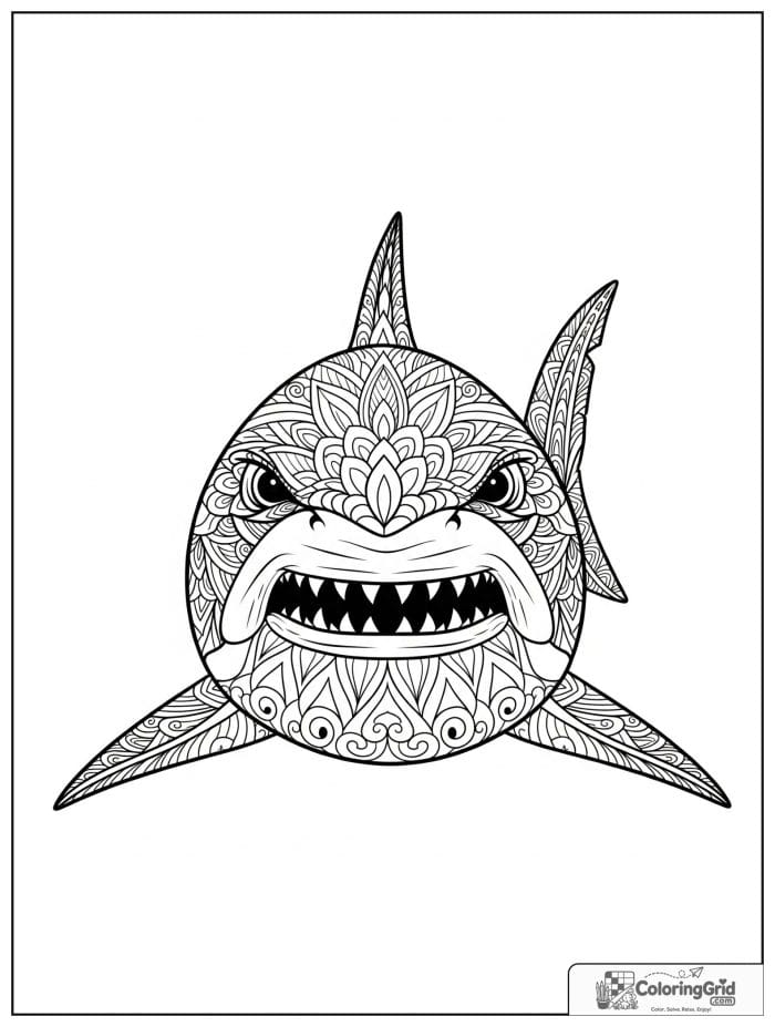 Front-facing shark face with mandala patterns.