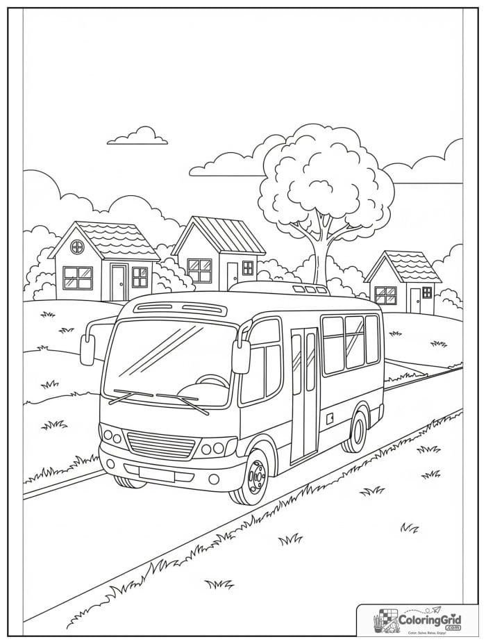 Mini bus on a neighborhood road for Bus Coloring Pages