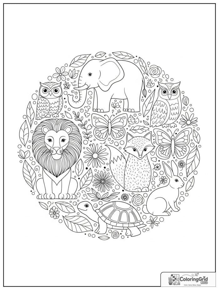 Mixed animal mandala coloring page with lion elephant fox owl butterfly turtle and rabbit