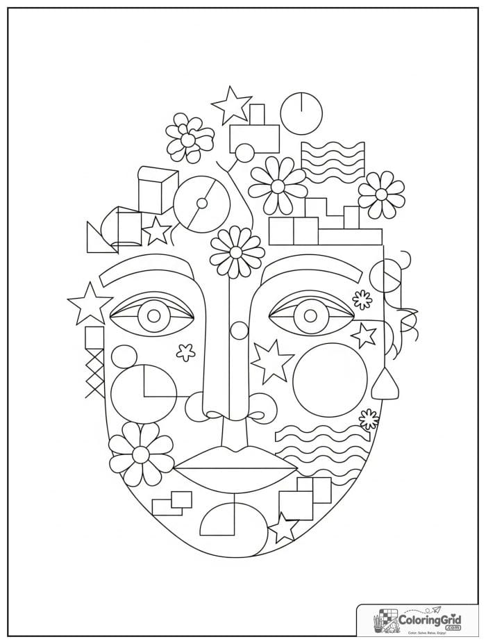 Modern abstract face coloring page with curved lines and geometric blocks