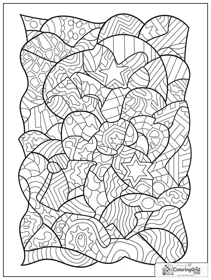 Modern abstract mosaic coloring page with curved blocks and stars