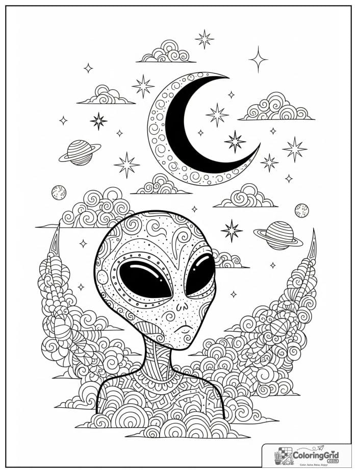 Moon and stars alien scene black and white art.