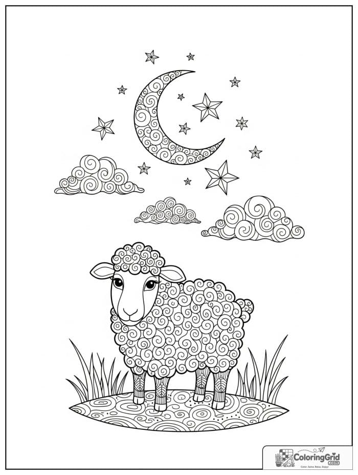 Moon and stars sheep scene black and white art.