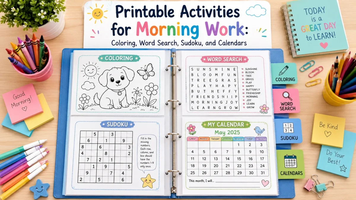 Morning work printable activities binder with coloring page, word search, Sudoku, and calendar pages on a bright classroom desk.