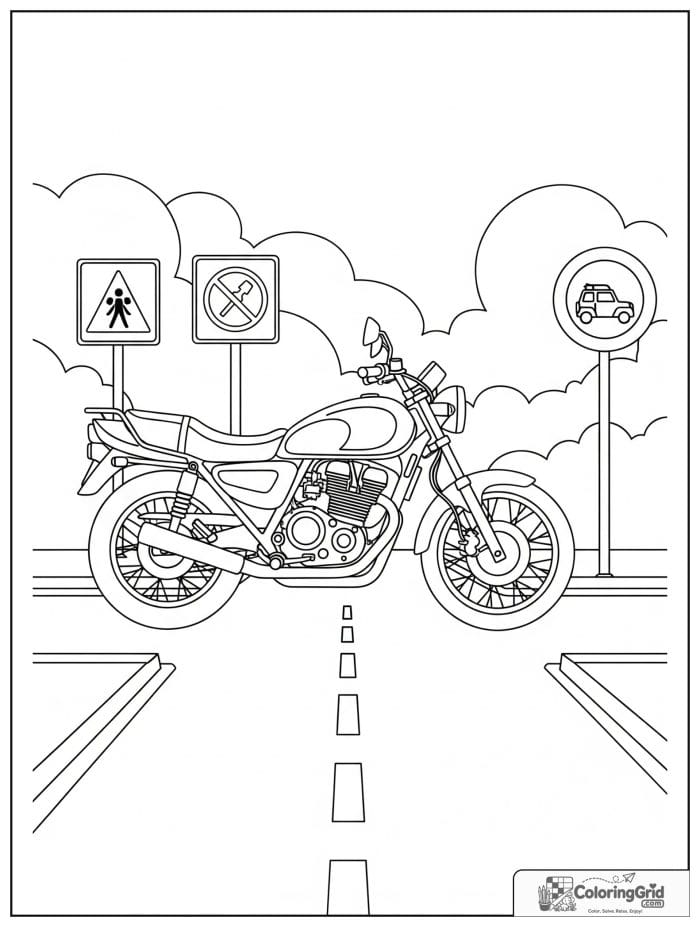 Motorcycle and road signs scene for Motorcycle Coloring Pages