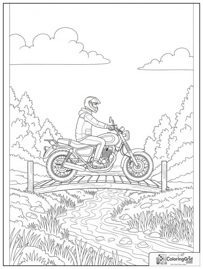 Motorcycle crossing a small bridge for Motorcycle Coloring Pages