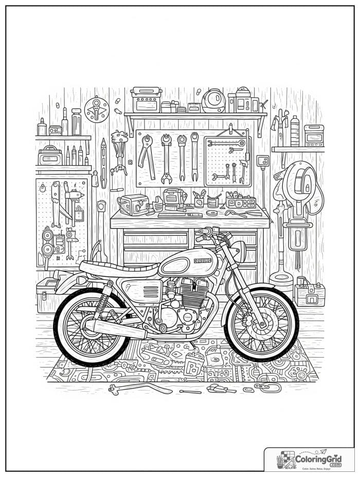 Motorcycle in a garage with tools for Motorcycle Coloring Pages