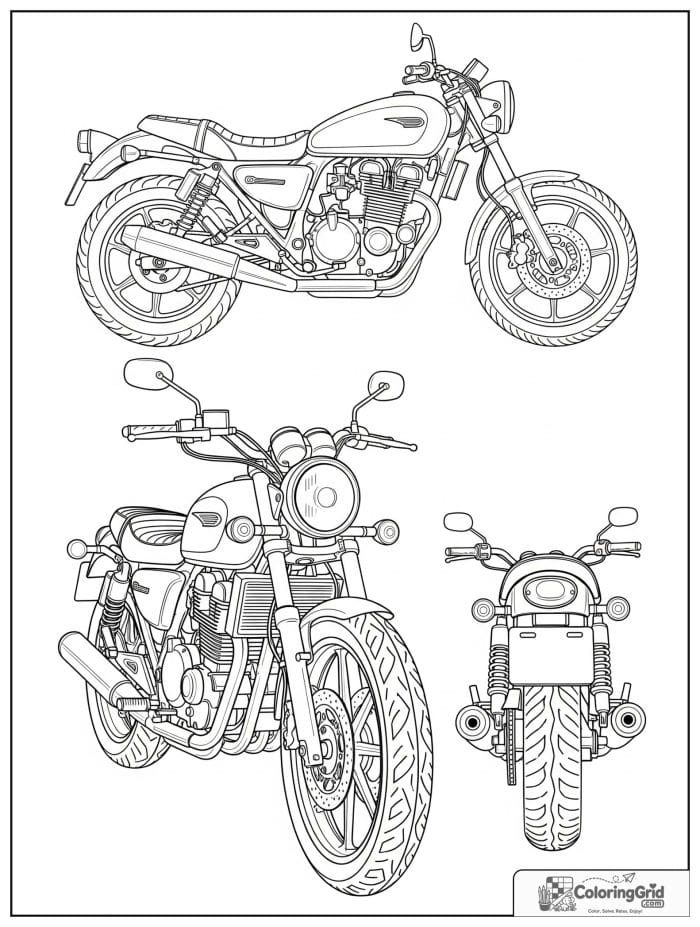 Motorcycle shown from three angles for Motorcycle Coloring Pages