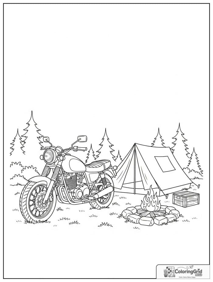 Motorcycle near a campsite for Motorcycle Coloring Pages