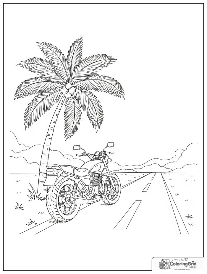 Motorcycle under a palm tree for Motorcycle Coloring Pages