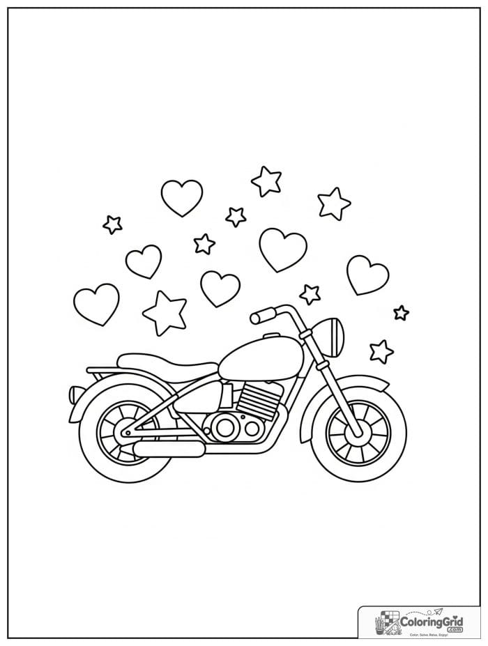 Cute motorcycle with hearts and stars for Motorcycle Coloring Pages