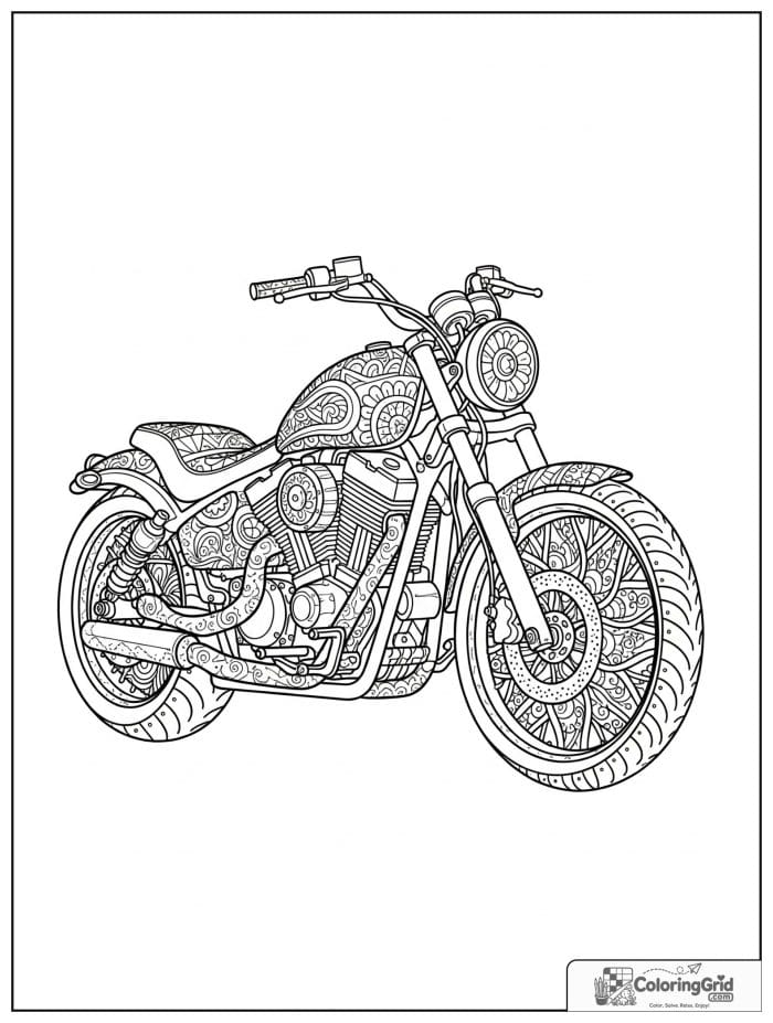 Motorcycle with decorative mandala wheels for Motorcycle Coloring Pages