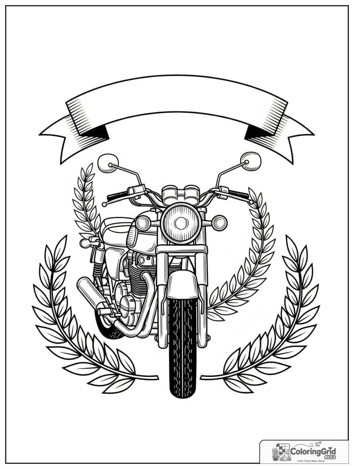 Motorcycle with ribbon banner and laurel leaves for Motorcycle Coloring Pages