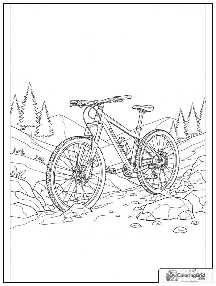Mountain bicycle on a rocky trail with hills and trees.