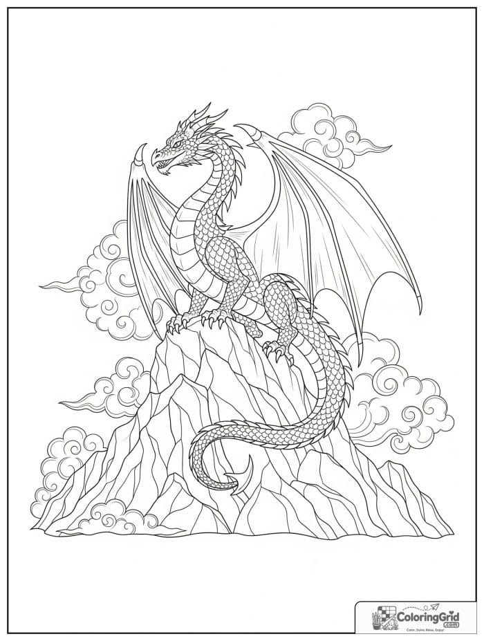 Dragon on mountain peak coloring sheet