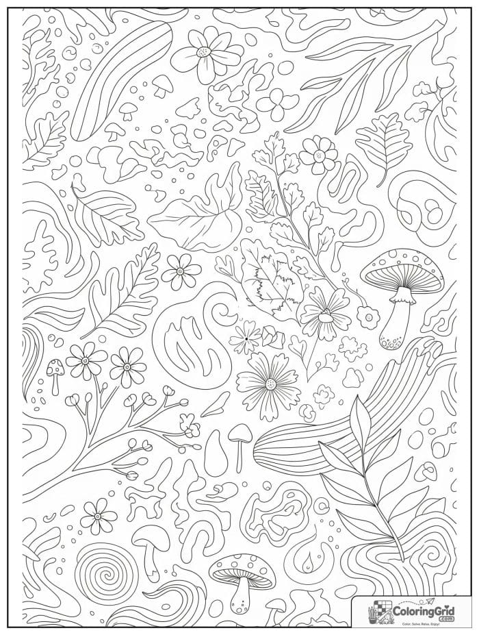 Nature inspired abstract coloring page with leaves flowers and mushrooms