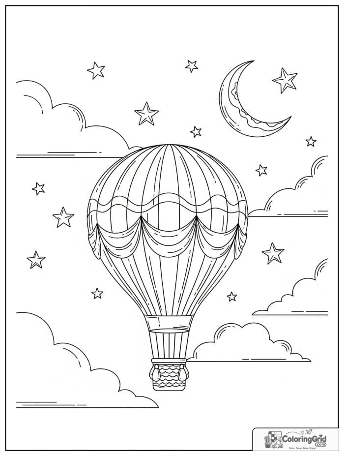 Night sky hot air balloon coloring sheet