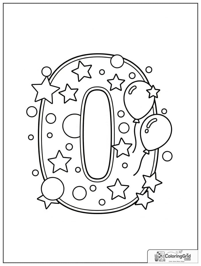 Number 0 coloring page with stars circles and balloons