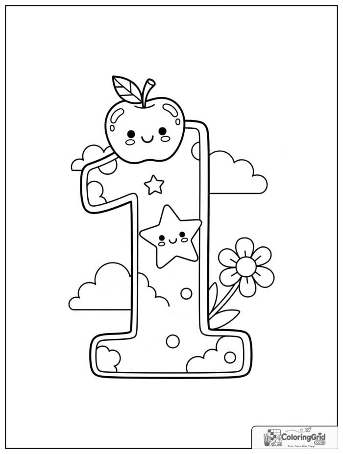 Number 1 coloring page with apple star flower and clouds