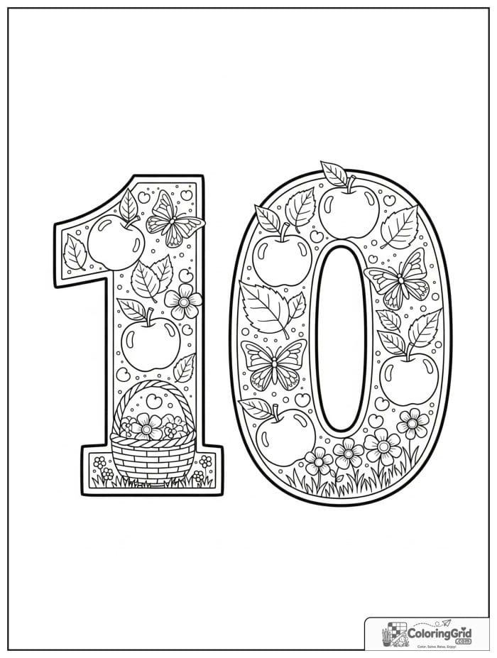 Number 10 coloring page with apples basket butterflies and flowers