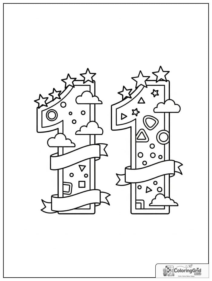 Number 11 coloring page with stars clouds ribbons and geometric patterns
