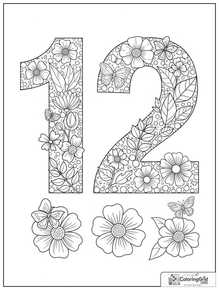 Number 12 coloring page with flowers butterflies leaves and garden details