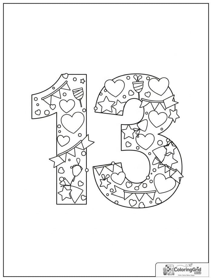 Number 13 coloring page with hearts stars ribbons and party shapes
